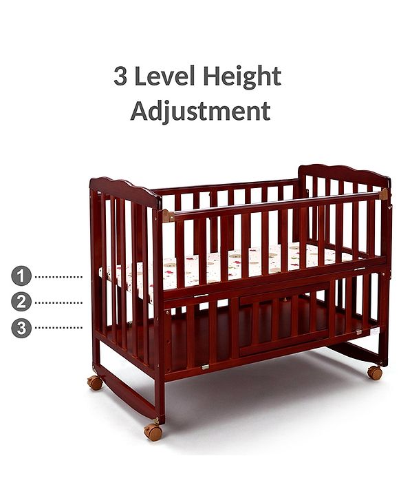 Babyhug Montana Wooden Cot Cum Rocker with Mosquito Net - Cherry Red| Wheels with Lock| Storage Space| Adjustable Height| Openable Side Rail| Foldable Headboard| Attach to Parent Bed| Convert to Study Table