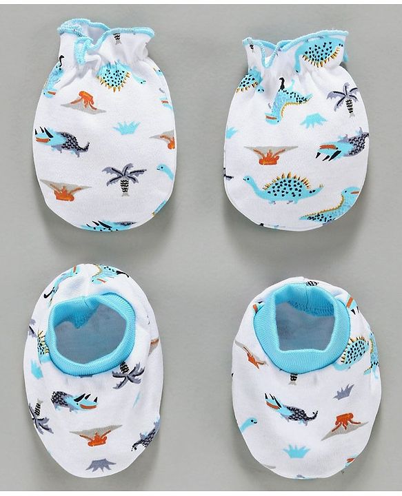 Babyhug 100% Cotton Mittens & Booties Set Animal Print - Blue