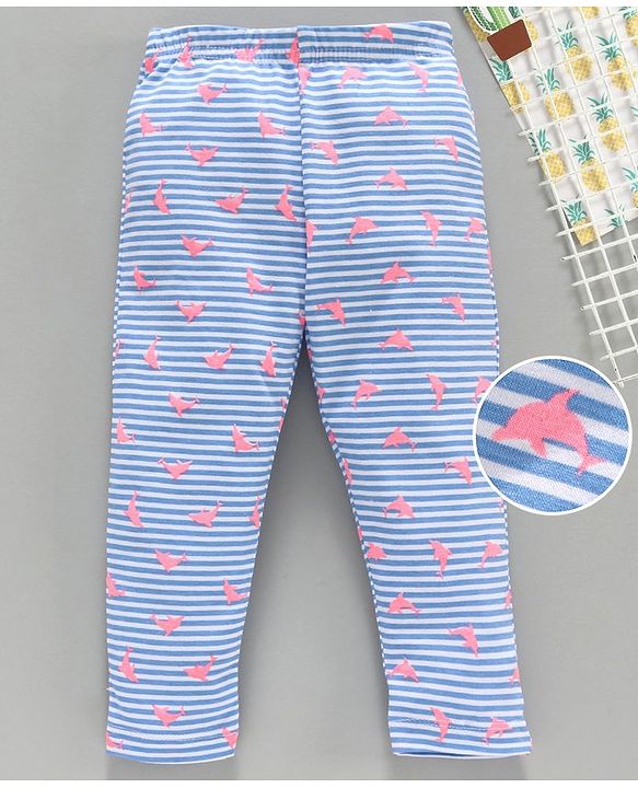 Babyhug Full Length Stripe Leggings Dolphin Print - White Blue