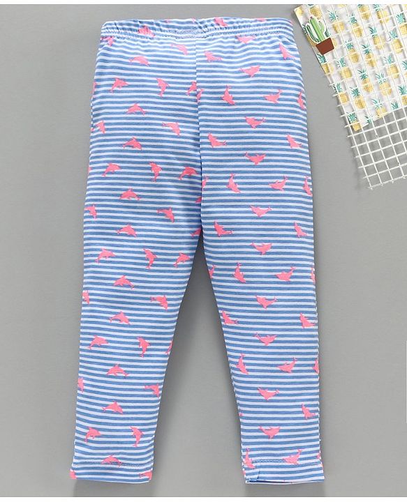 Babyhug Full Length Stripe Leggings Dolphin Print - White Blue