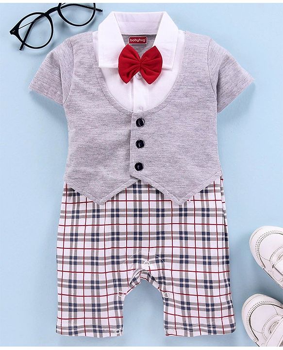 Babyhug 100% Cotton Party Wear Short Sleeves Party Suit Style Romper Bow Applique - Grey White