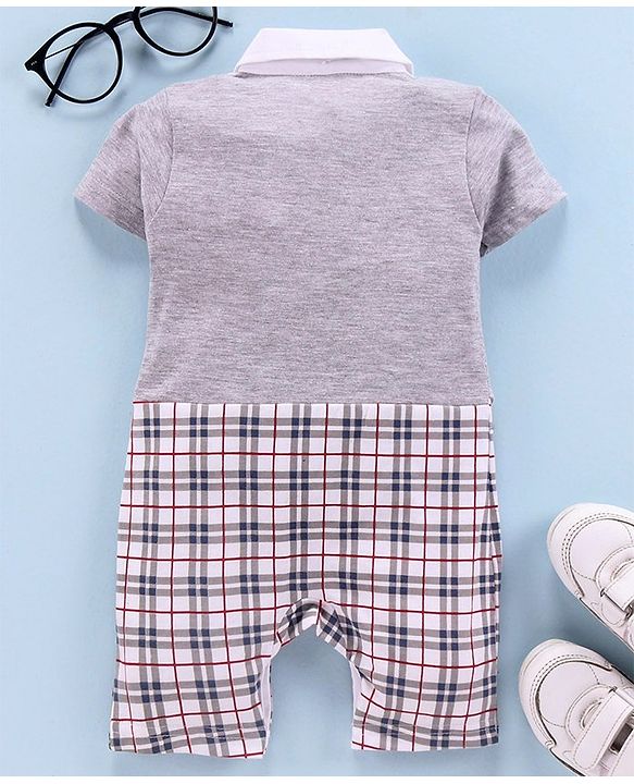 Babyhug 100% Cotton Party Wear Short Sleeves Party Suit Style Romper Bow Applique - Grey White