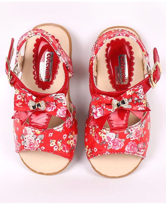 Cute Walk by Babyhug Party Wear Sandals Bow Applique - Red