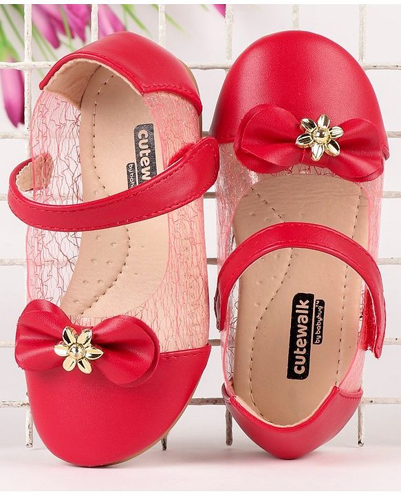 Cute Walk by Babyhug Party Wear Belly Shoes Bow Detailing - Red