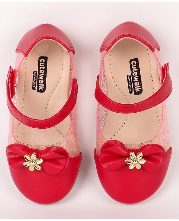 Cute Walk by Babyhug Party Wear Belly Shoes Bow Detailing - Red
