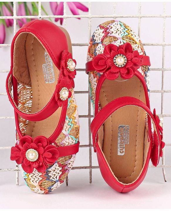 Cute Walk by Babyhug Party Wear Belly Shoes Floral Appliques - Red