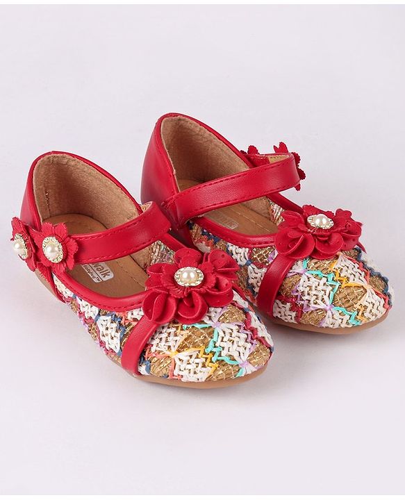 Cute Walk by Babyhug Party Wear Belly Shoes Floral Appliques - Red