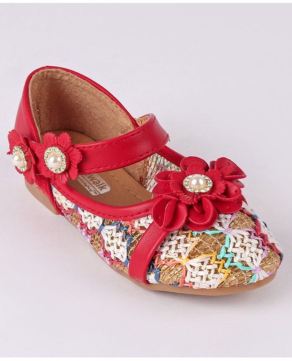 Cute Walk by Babyhug Party Wear Belly Shoes Floral Appliques - Red