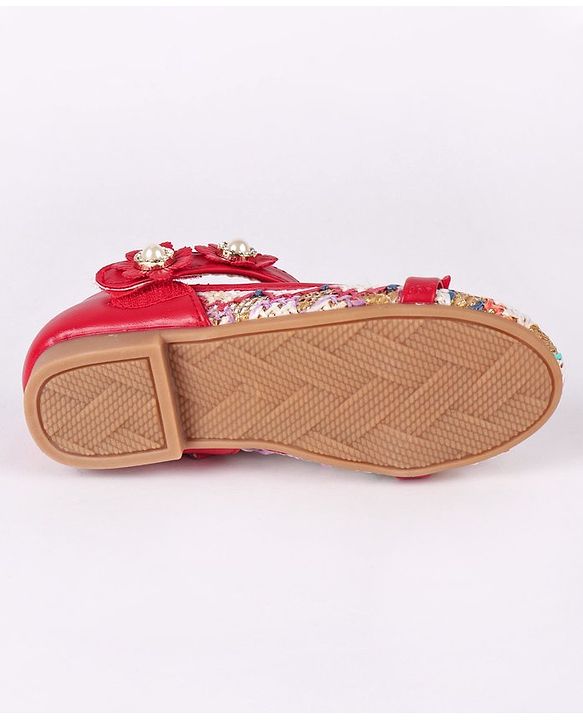 Cute Walk by Babyhug Party Wear Belly Shoes Floral Appliques - Red