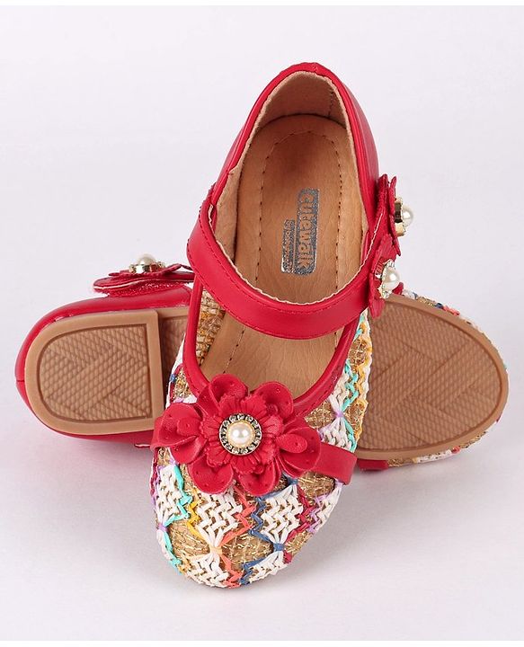 Cute Walk by Babyhug Party Wear Belly Shoes Floral Appliques - Red