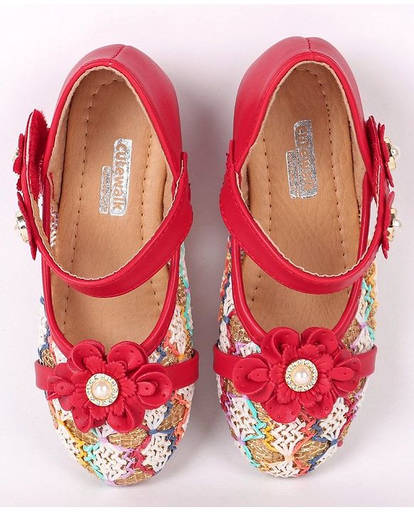 Cute Walk by Babyhug Party Wear Belly Shoes Floral Appliques - Red