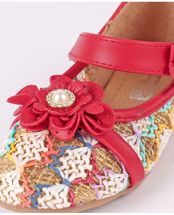 Cute Walk by Babyhug Party Wear Belly Shoes Floral Appliques - Red