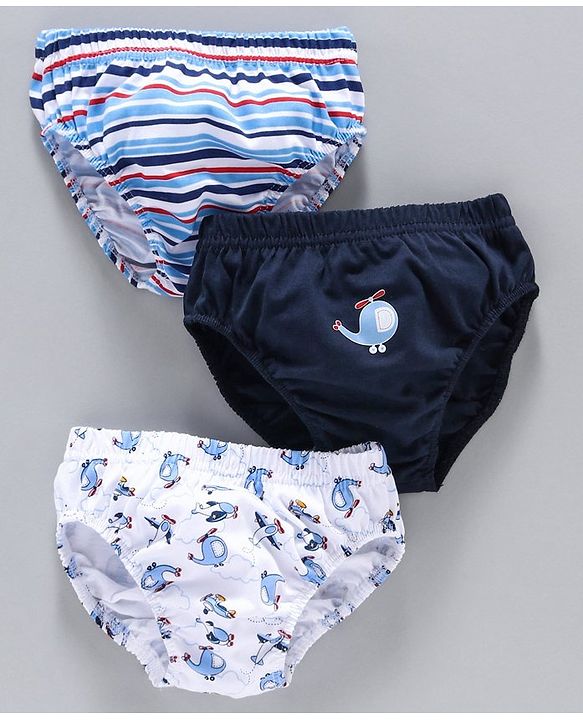 Babyhug 100% Cotton Briefs Printed & Striped Pack of 3 - White Navy Blue