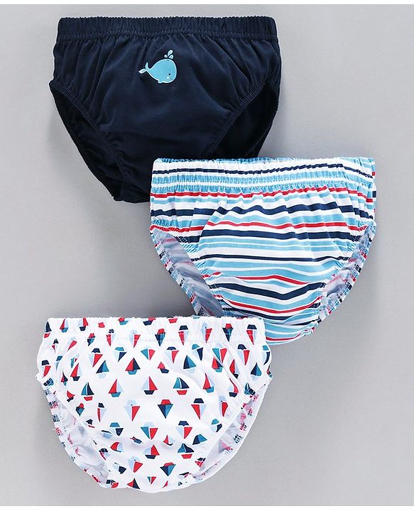 Babyhug 100% Cotton Printed & Striped Panties Pack of 3 -  Blue White
