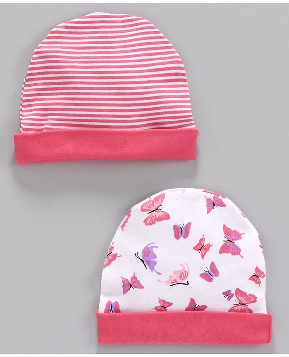 Babyhug 100% Cotton Striped & Printed Cap Pack of 2 White Pink -  Diameter 10 cm