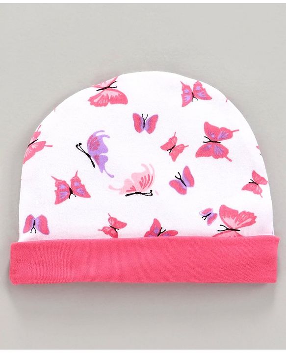 Babyhug 100% Cotton Striped & Printed Cap Pack of 2 White Pink -  Diameter 10 cm