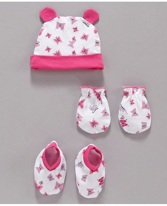 Babyhug 100% Cotton Cap Mittens & Booties Set Butterfly Print - Pink