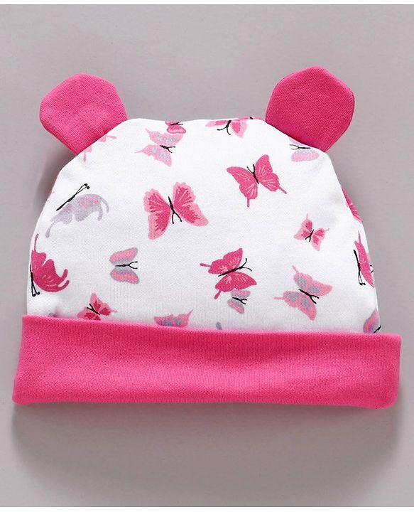 Babyhug 100% Cotton Cap Mittens & Booties Set Butterfly Print - Pink