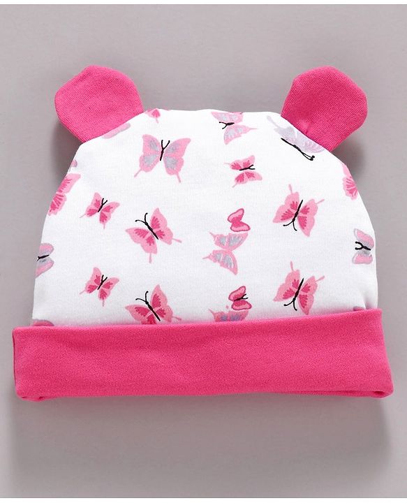 Babyhug 100% Cotton Cap Mittens & Booties Set Butterfly Print - Pink