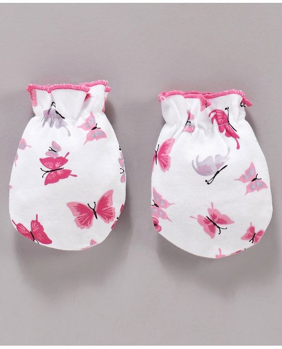 Babyhug 100% Cotton Cap Mittens & Booties Set Butterfly Print - Pink