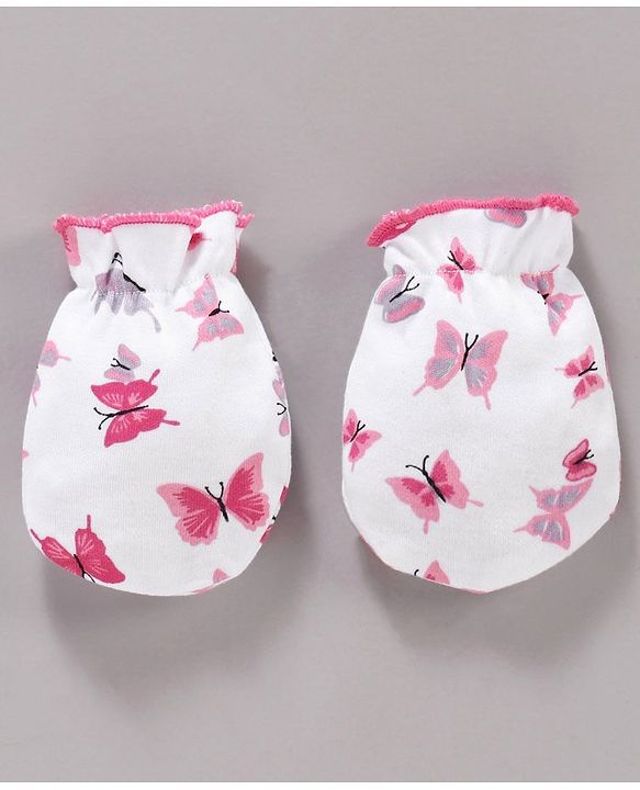 Babyhug 100% Cotton Cap Mittens & Booties Set Butterfly Print - Pink