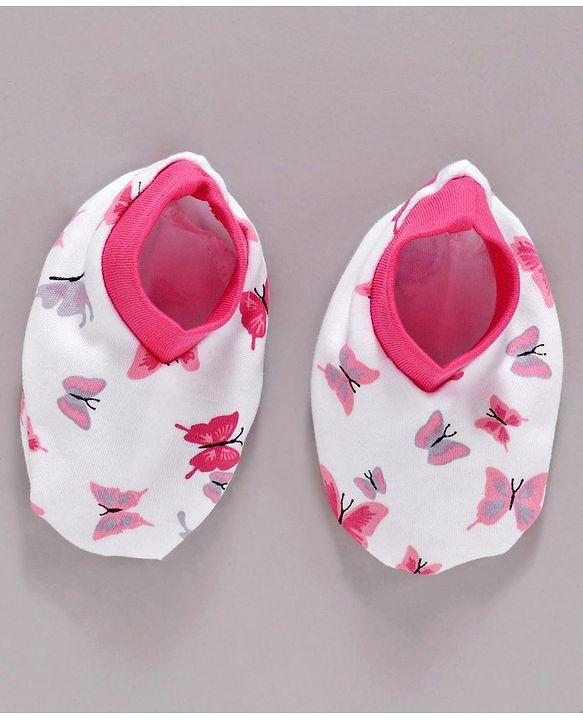 Babyhug 100% Cotton Cap Mittens & Booties Set Butterfly Print - Pink
