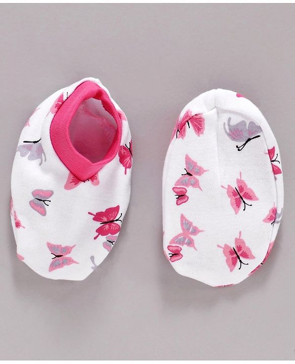 Babyhug 100% Cotton Cap Mittens & Booties Set Butterfly Print - Pink