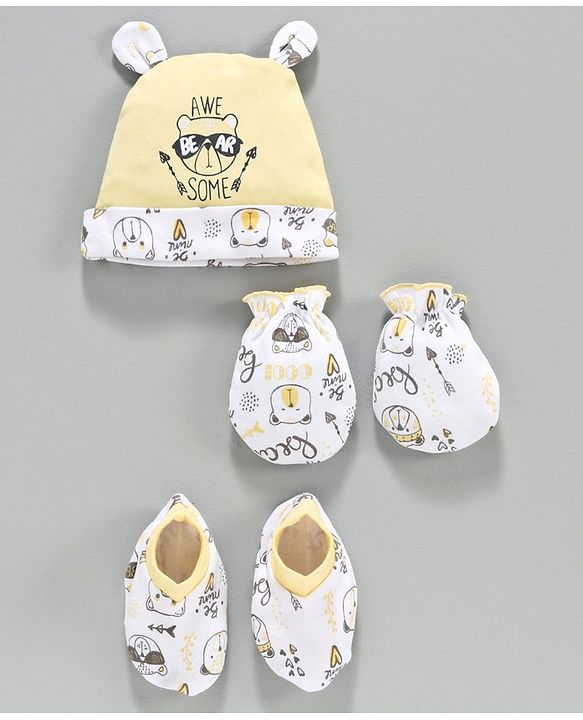 Babyhug 100% Cotton Cap Mittens & Booties Set Bear Print Yellow -  Diameter 10.5 cm