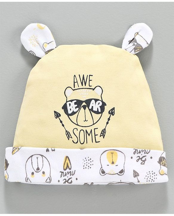 Babyhug 100% Cotton Cap Mittens & Booties Set Bear Print Yellow -  Diameter 10.5 cm