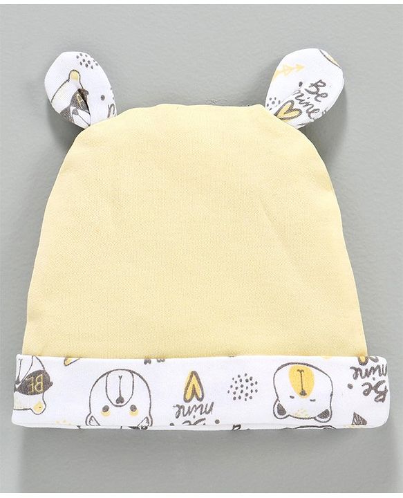 Babyhug 100% Cotton Cap Mittens & Booties Set Bear Print Yellow -  Diameter 10.5 cm