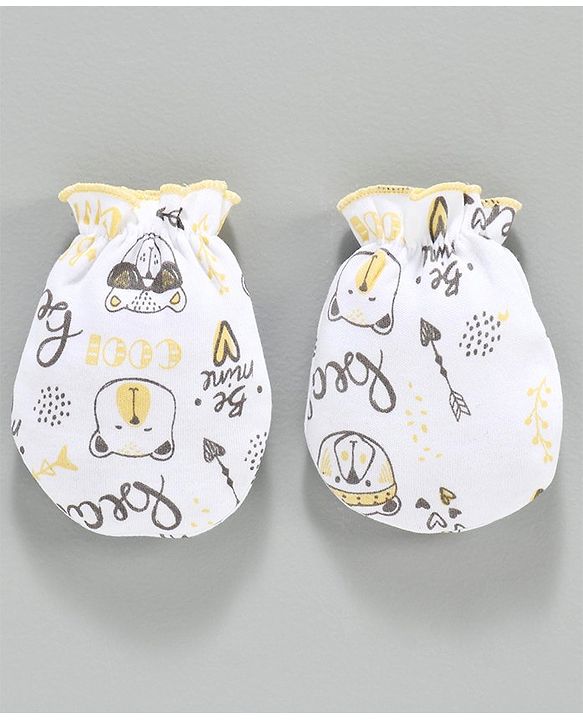 Babyhug 100% Cotton Cap Mittens & Booties Set Bear Print Yellow -  Diameter 10.5 cm