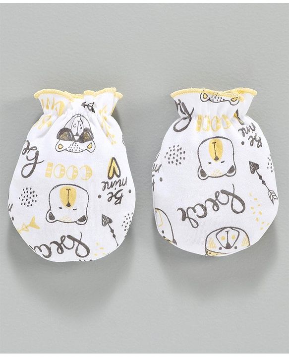 Babyhug 100% Cotton Cap Mittens & Booties Set Bear Print Yellow -  Diameter 10.5 cm