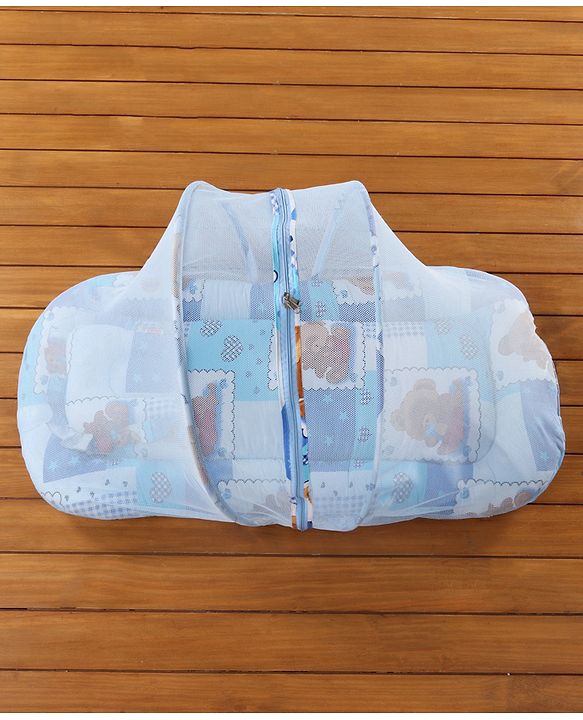 Babyhug Teddy Print Baby Bedding Set with Mosquito Net  -  Blue