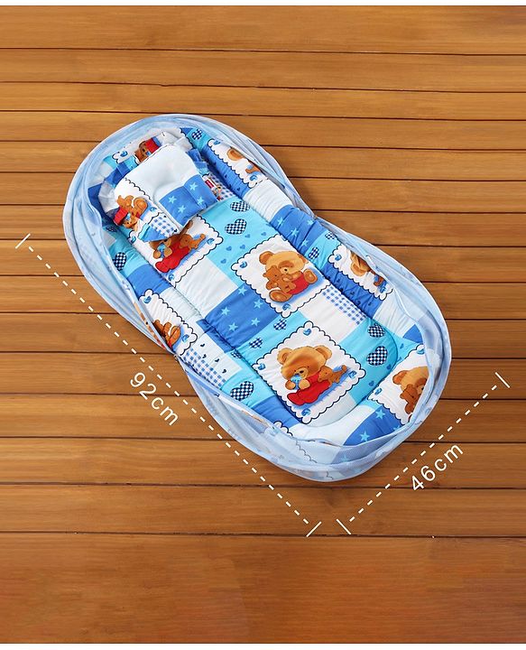 Babyhug Teddy Print Baby Bedding Set with Mosquito Net  -  Blue