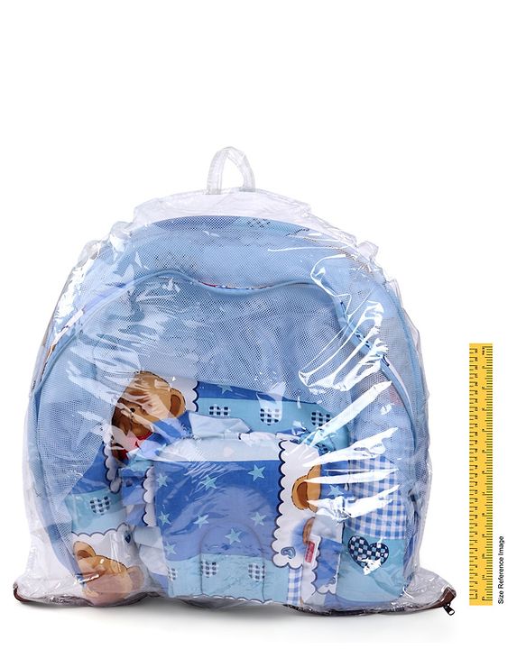 Babyhug Teddy Print Baby Bedding Set with Mosquito Net  -  Blue