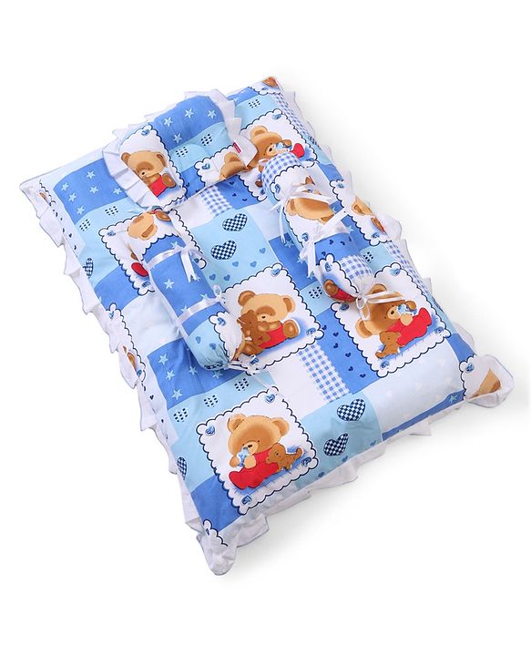 Babyhug Teddy Print Frilled Baby Bedding Set - Blue