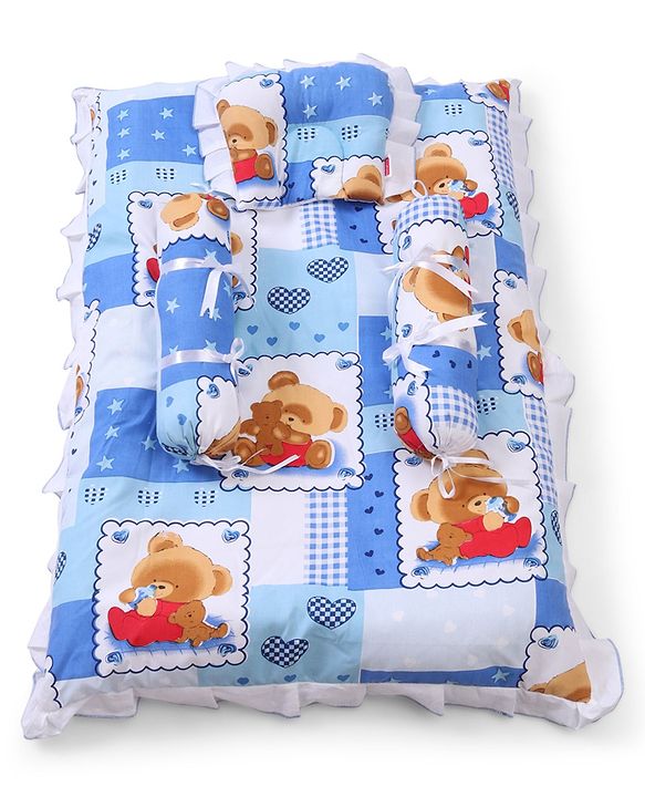 Babyhug Teddy Print Frilled Baby Bedding Set - Blue