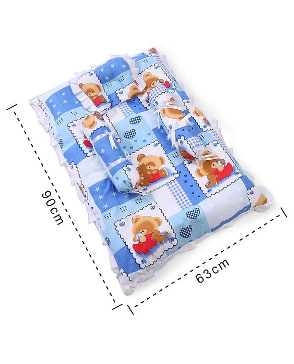 Babyhug Teddy Print Frilled Baby Bedding Set - Blue