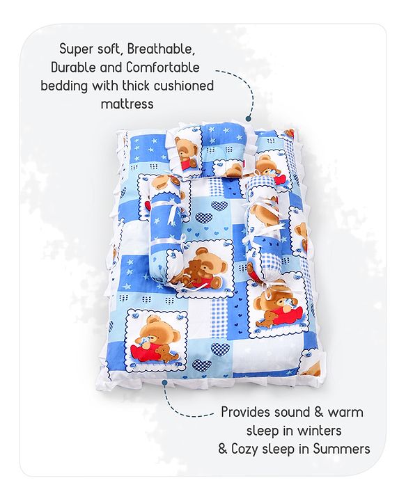 Babyhug Teddy Print Frilled Baby Bedding Set - Blue