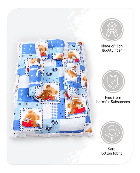 Babyhug Teddy Print Frilled Baby Bedding Set - Blue