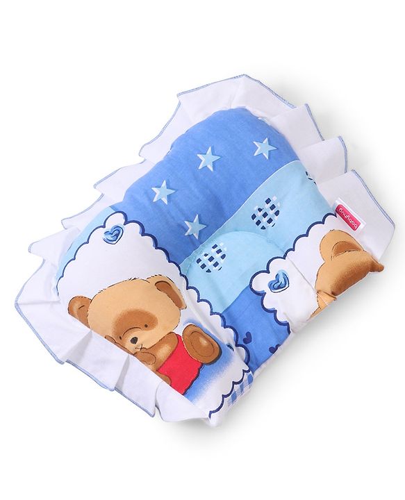 Babyhug Teddy Print Frilled Baby Bedding Set - Blue