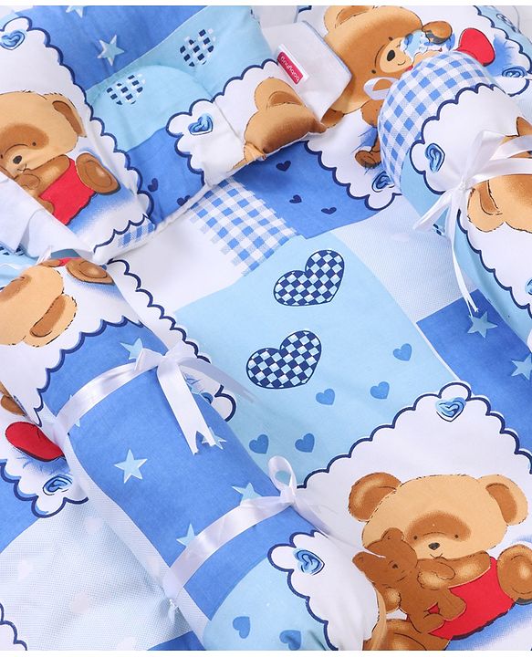Babyhug Teddy Print Frilled Baby Bedding Set - Blue