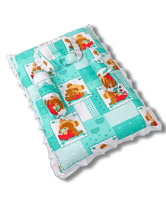 Babyhug Teddy Print Frilled Baby Bedding Set  -  Green