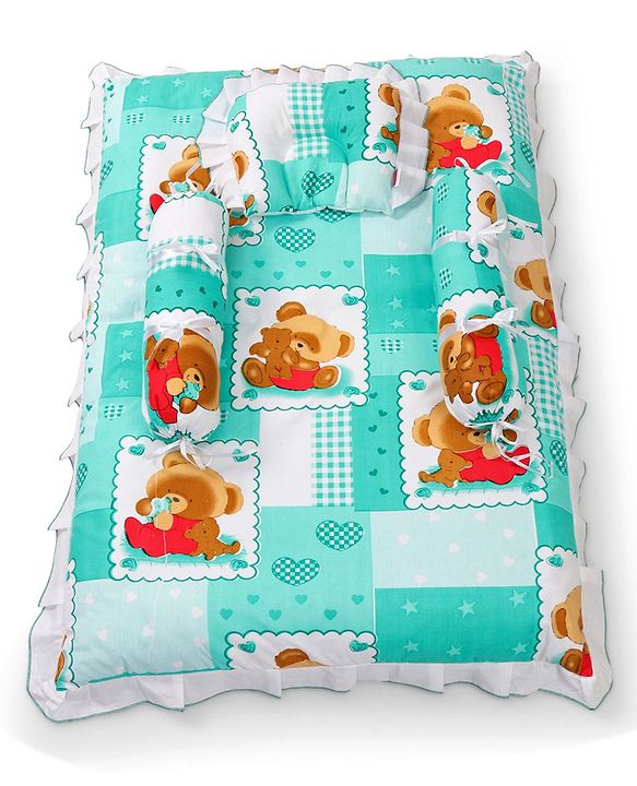 Babyhug Teddy Print Frilled Baby Bedding Set  -  Green