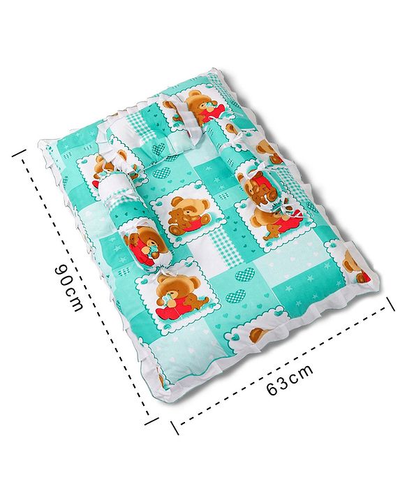 Babyhug Teddy Print Frilled Baby Bedding Set  -  Green