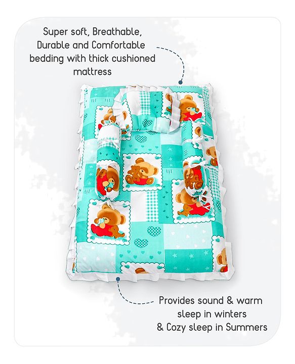 Babyhug Teddy Print Frilled Baby Bedding Set  -  Green