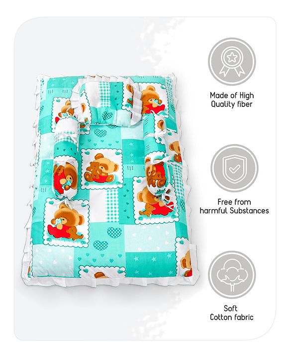 Babyhug Teddy Print Frilled Baby Bedding Set  -  Green