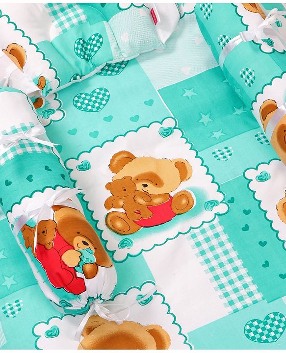 Babyhug Teddy Print Frilled Baby Bedding Set  -  Green