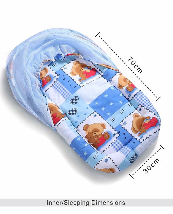 Babyhug Teddy Print Baby Jumbo Bedding Set With Mosquito Net - Blue