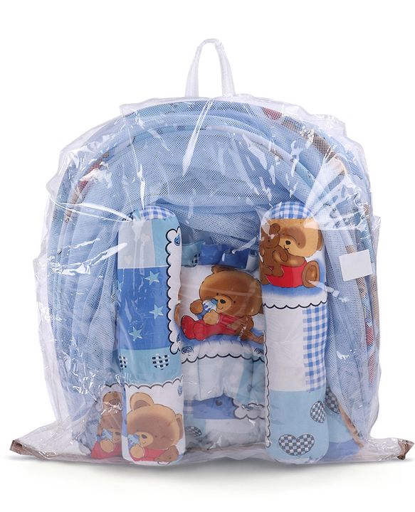 Babyhug Teddy Print Baby Jumbo Bedding Set With Mosquito Net - Blue